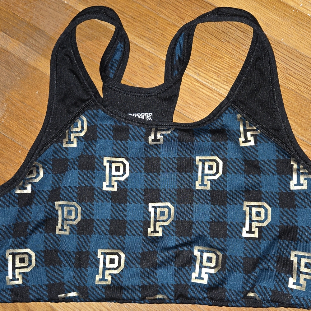 PINK Victoria's‎ Secret Sports Bra Medium Teal Blue Plaid Ultimate Racerback